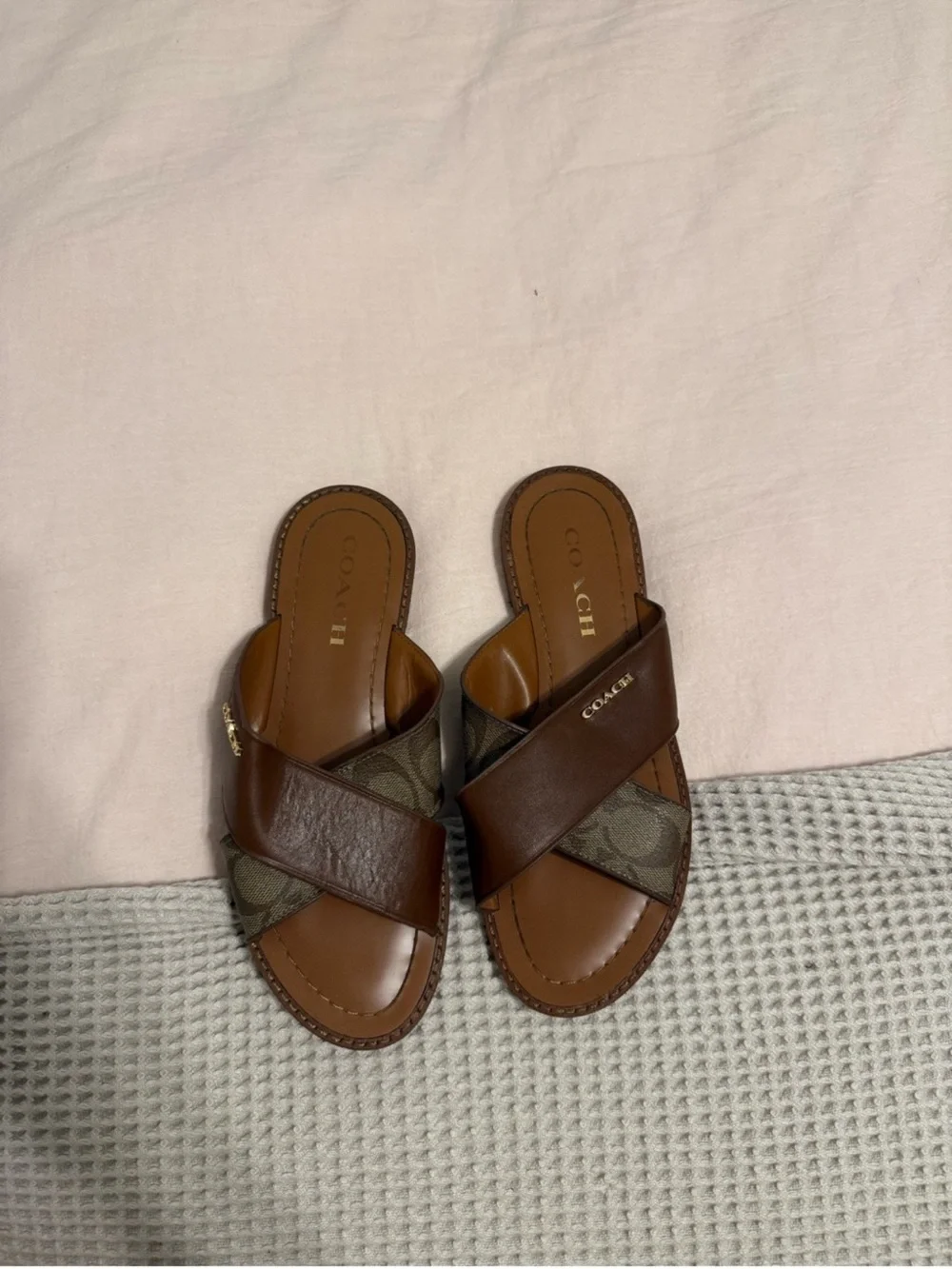 Coach Brown Leather & Signature Crossband Slide Sandals